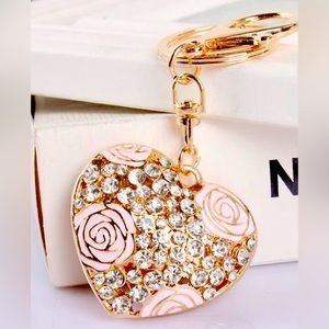 New 3D Love Heart Rose Flower 🌸 Crystal bag charm w/rhinestones & pink flower